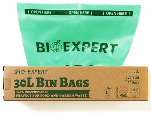 BIO-EXPERT 30L x 50 Bin Liner Bags 100% Compostable and Biodegradable Made from Plants with En13432 & Home Compost Certification Leakproof Super Strong in Green