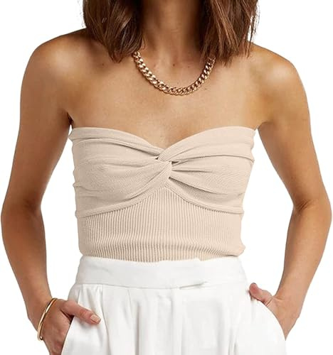 EFAN Womens Tube Tops Summer Sweater Twist Knot Front Knit Bandeau Strapless Ribbed Sleeveless Y2K Corset Crop Top, Apricot, S