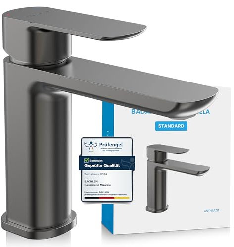 Bächlein Badarmatur Mizarela in klassischem Design, Einhebelmischer mit langlebiger Keramikkartusche und Montage-Set, Bad Wasserhahn Anthrazit - flacher Auslauf