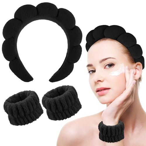 YUXIANLB Makeup Headband & Wrist Bands for Washing Face, Bubble Skincare Headbands with Wristbands Soft Puffy Spa Headbands Wrist Towels Halloween Black Sponge Make Up Hair Bands Headwear for Women