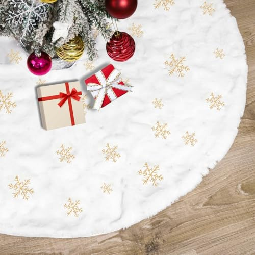 CaiTang 90cm Tappeto per Albero di Natale, Gonna per Albero di natale, Tappetino per Copertura Base con Oro Ricamo Fiocchi di Neve, Bianca Finta Pelliccia Tappeto Gonne per alberi di natale