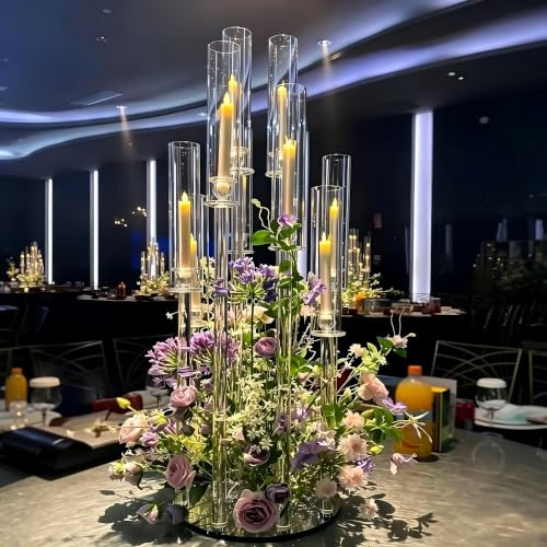 VINCIGANT 8 Arms Clear Acrylic Candelabra Centrepiece for Table/Floor Decor | 38.5'' Tall Candle Holders for Wedding, Christmas, Birthday, Home, Event Decoration, (No Candles) ONLY Fit for LED Candles