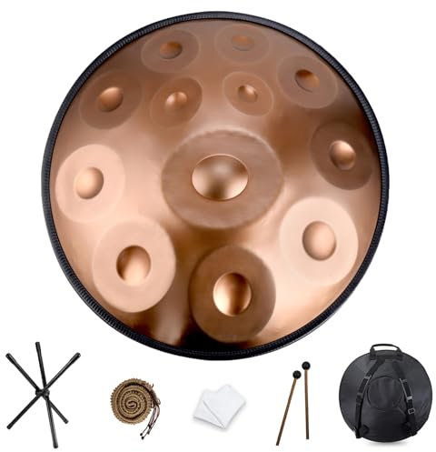 NAHAIA HANDPAN DRUM 9/10/12 Noten Steel Handpan 440hz/432hz Stahl-Handtrommel Instrument 22 Zoll in D-Moll Harmonische Percussion für Klangheilung, persönliche Meditation(12 Notes-440Hz-Gold)