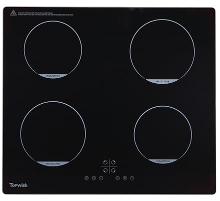 Topwish Induction Hob, 4 ring induction hob, plug in hob,induction cooker 60cm with Child Lock, Boost Function, Touch Control, Residual Heat Indicator, 7200W