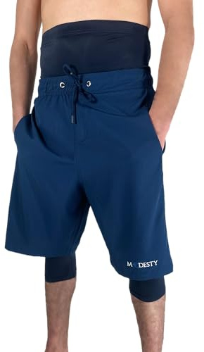 Modesty Awrah - Bañador para Hombre - Pantalones Cortos Largos Debajo de la Rodilla - Ropa de natación islámica Pudor, Secado rápido, no se Pega, Azul Marino, S