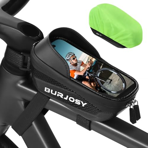 Burjosy Bolsa Cuadro Bicicleta con Pantalla Táctil de TPU y Visera Solar, Accesorios Bicicleta con Cubierta para Lluvia Compatible con Teléfonos de Menos de 6.5