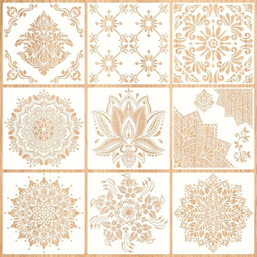 Sxutop 9 Stück Groß Mandala Schablonen Set Wiederverwendbare Mandala Malschablonen Kunststoff Schablone Blumen Groß Wandschablonen zum Streichen für DIY Handwerk Wände Möbel Dekor (30x30cm)
