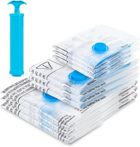 MagicQCraft 6 Pack Vacuum Storage Bags(2 Jumbo,2 Large,2 Medium),Vacuum Compression Zipper Storage Bags with Airtight Valve and Hand Pump,Save 80% More Storage Space Work