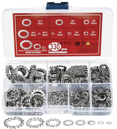 Lot de 330 rondelles de serrage, rondelles de serrage à dents intérieures, rondelles en acier inoxydable, assortiment de rondelles dentées Starlock M2.5 M3 M4 M5 M6 M8 M10 M12