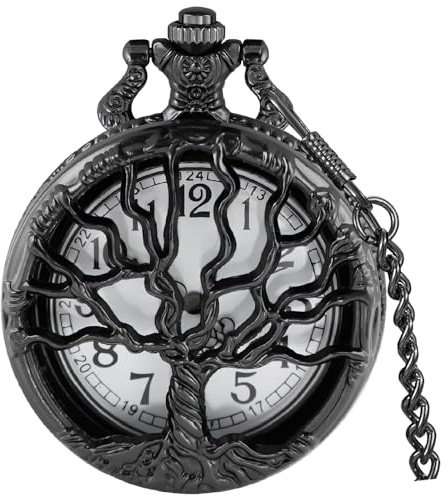 Tiong Montre de Poche Design Arbre de Vie Creux avec Chiffres Romains/Arabes - Montres de Poche à Quartz avec Pendentif en Chaîne pour Hommes et Femmes, Classique