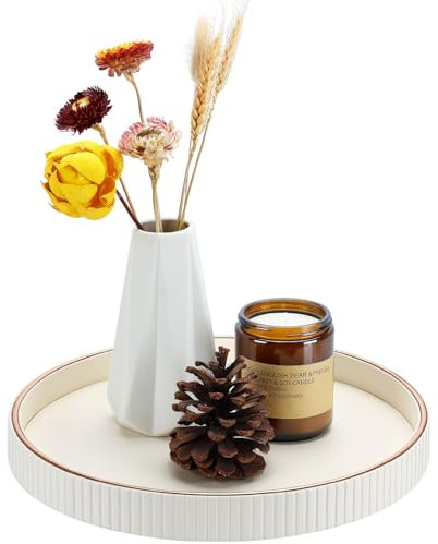 KINGFOM Vassoio Decorativo Rotondo, Vassoio da Portata, Vassoio Portaoggetti, Svuotatasche in Pelle, Oggetti Decorativi per la Casa (Bianco)