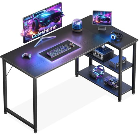 Coleshome Bureau Gaming, 120x70cm Bureau d'angle avec étagère de Rangement Réversible, Bureaux en L Peu Encombrant, Adapté comme Bureaux pc dans Les Coins Familiaux, Noir