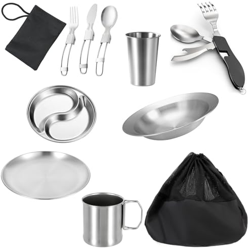 Mess Kit for Camping 1 Person, Reusable Camping Dish Set, Stainless Steel Camping Plates, Camping Dish Set with Mesh Bag Easy to Carry or Put in Backpack