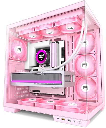 HYXN Caja de PC H1 ATX – 7 ventiladores PWM ARGB preinstalados, doble cámara media torre para gaming, con tipo C, instalación simultánea de 3 radiadores de 360 mm (rosa, H1)