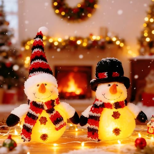 Weihnachtsdeko Schneemann Figuren mit LED Licht, 2 Stück Weihnachten Schneemann Weihnachtsdeko Innen Wichtel Figuren Weihnachten Tischdeko Geschenke für Weihnachts Kamin Büro Zimmer