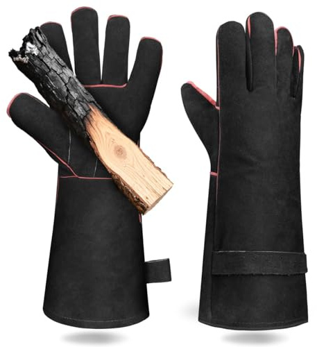 Mellbree Hitzebeständige Handschuhe für Holzofen, Vollleder, strapazierfähig, für Holzbrenner, Mehrkraftstofföfen, Grills und Pizzaöfen (Armschutz) Schwarz
