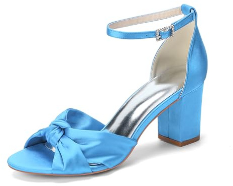 HFWXYSA Escarpins Mariage Femme Satin Nœud Sandales Bout Ouvert Bride Cheville Chaussures Talon Bloc pour Demoiselle Honneur,Sky Blue,35 EU