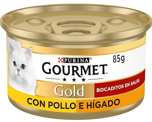 GOURMET Gold Bocaditos en Salsa, Comida Húmeda para Gato Adulto, Paté de Pollo e Hígado, Pack de 24 Latas de 85 g