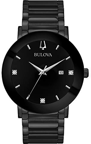 Bulova Men's Modern Black Ion-Plated Stainless Steel 3-Hand Calendar Date Quartz Watch, Diamond Dial Style: 98D144