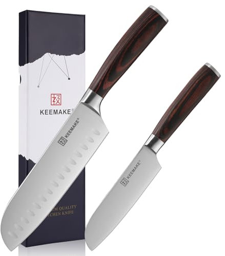 KEEMAKE Set Coltelli da Cucina Professionnali 2pcs, Coltello Santoku Giapponese per Carne Verdure in Acciaio Inox Manico in Pakkawood, Regalo per Mamma