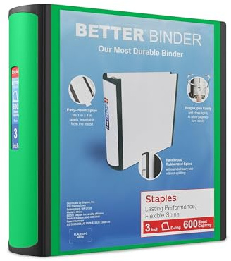 Staples Better Binder, 3 Heavy‑Duty D‑Ring 3‑Ring Binder, Green, Reinforced Spine, Holds 600 Sheets, Durable Organizer for Office, School & Presentations, 2‑Pack