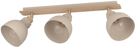 EGLO Deckenstrahler Arrecife, 3-flammige Deckenlampe mit schwenkbaren Spots, Deckenleuchte aus Metall in Sandfarben und natürlichem Holz in Eiche, Deckenspot mit E27 Fassung