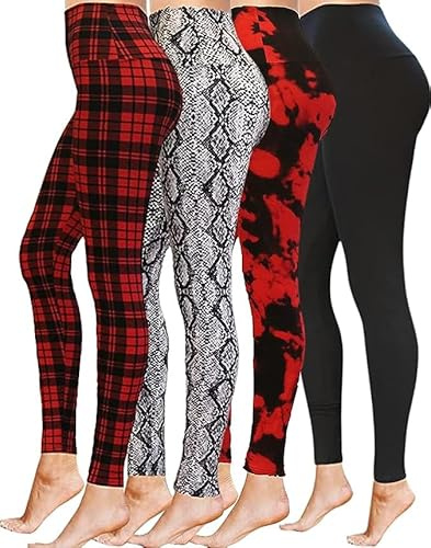 High Waisted Full Length Workout Not See Through Leggings Capri Shorts Soft Stretchy(XXL, 4 Pack (Black Red Tie Dye, Snake, Red Plaid, Black))