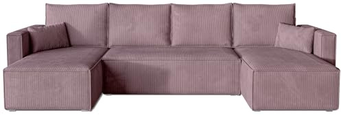 BROMARKT Ecksofa mit Schlaffunktion Sofa Cord Eckcouch mit Bettkasten Wohnzimmer Möbel U Form Couch dreisitzer Kissen groß 305x145x74 cm Schlafsofa Wohnlandschaft TOP U Puderrosa