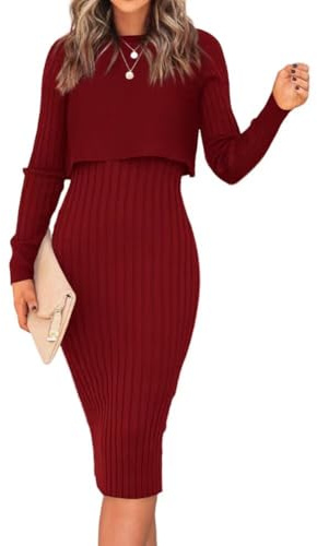 LACOZY Women's 2 Piece Long Sleeve Sweater Dresses Casual Ribbed Crop Tops Party Bodycon Pencil Dress Outfits Sets Burgundy L