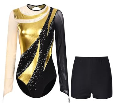 Linjinx Träningsoverall för kvinnor, långärmad balett, tröja, dansbody med gymnastikbyxor, glitter, gymnastikdräkt, balettdräkt, danskläder, Guld, M