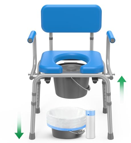 Loyoda Drop Arm Bedside Commode with Linners, Commode with Padded Seat and Backrest, 500lbs Capacity, 5.81QT Removable Bucket, Adjustable Height Portable Toilet for Adults, Blue
