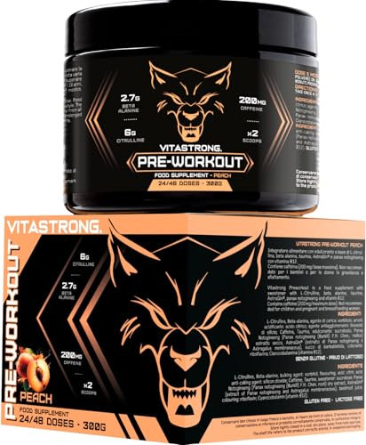 Pre Workout Booster Puissant 300g Goût Pêche, Vegan Preworkout, Vitamine B12, L Citrulline, Beta Alanine, Cafeine, Taurine, AstraGin, Vitastrong Pre Workout (24 portions (paquet de 1), Peach)