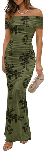 LUXVEER Women's Mesh Floral Maxi Dress 2026 Summer Off The Shoulder Ruched Bodycon Long Cocktail Party Fitted Wedding Guest Dresses Green