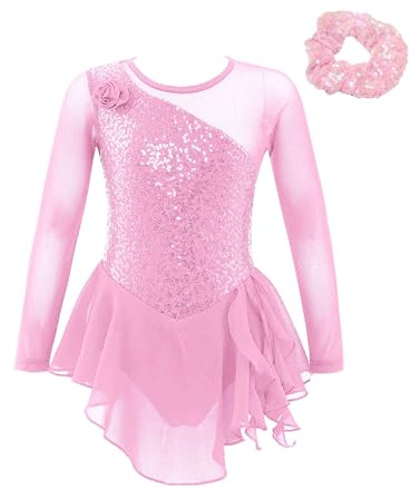 Alvivi Vestido Baile de Patinaje Artistico Niña Brillantes Maillot con Falda Gimnasia Rítmica de Manga Larga con Diadema Traje Patinaje Competición Niña