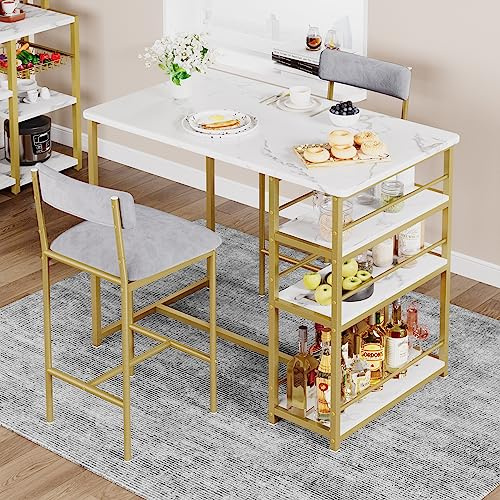 Tavolino da cucina per 2 persone, set tavolo da bar e sedie con 3 ripiani, alto con sedie imbottite in poliuretano, per la casa e l'appartamento (oro)