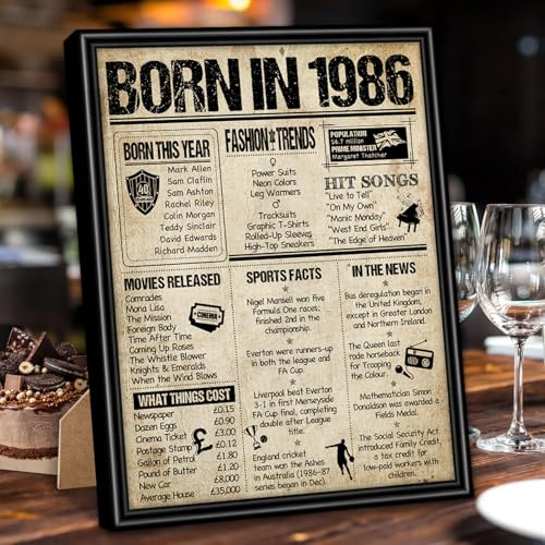 Benjia 1986 Poster Framed UK, Happy 40th Birthday Sign Card Party Decor Supplies Home Decoration Birthday Gift 40 Years Old Wedding Newspaper For Men Women (8x10 inch, Vintage)