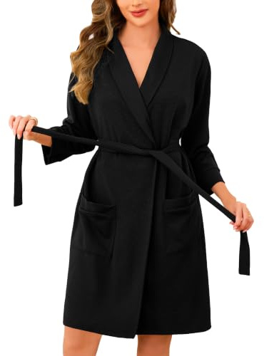 Vlazom Peignoir Court Femme en Coton Waffle Robe de Chambre avec Poches et Ceinture Confortable et Léger