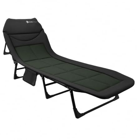 Eurocatch Lit de Camping Pliable Vert - Lit de Camp 8 Pieds - Dossier Réglable 5 Positions - Appui-tête Rembourré - Poche Latérale - 195x65x27 cm