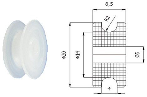 Zabi Puleggia, diametro 20 mm, per corda in nylon da 4 mm, in plastica, senza cuscinetto
