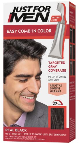 Just For Men Easy Comb-In Color Mens Hair Dye, Easy No Mix Application with Comb Applicator - Real Black, A-55, Pack of 1