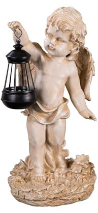 Birendy Engel NF86335 C Ange de jardin décoratif avec lampe solaire LED Blanc vieilli 42 cm de haut Figurine d'ange gardien Sculpture Photophore