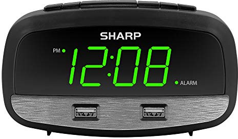 Sharp Digital Alarm Clock, Dual USB Fast Charge Ports, Green LED Display