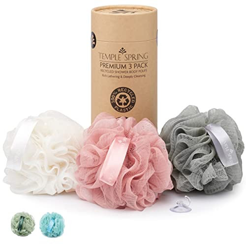 Temple Spring Pouf da doccia riciclato, Eco Riciclato, Spazzola per il corpo, Spugna a rete, Esfoliante Scrunchie, articoli da toeletta, palline di schiuma (Rosa corallo)