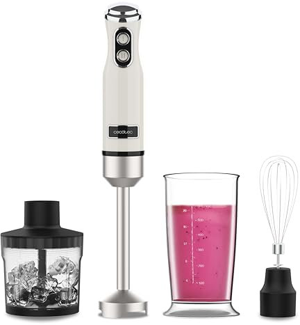 Cecotec Batidora de Mano Power RetroBeige 1200MAX Cream&Crush. Potencia Máxima 1200 W, Tecnología CrossBlades, 2 Velocidades, Set Accesorios aptos Lavavajillas, Campana antisalpicaduras