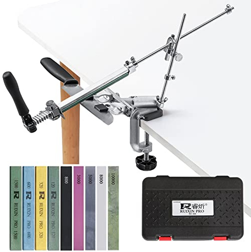 RUIXIN PRO RX-009 - Afilador de cuchillos profesional con 9 piedras de afilar, rotación de 360°, diseño de giro de acero inoxidable de ángulo fijo, kit de afilado de cuchillos de chef de cocina,