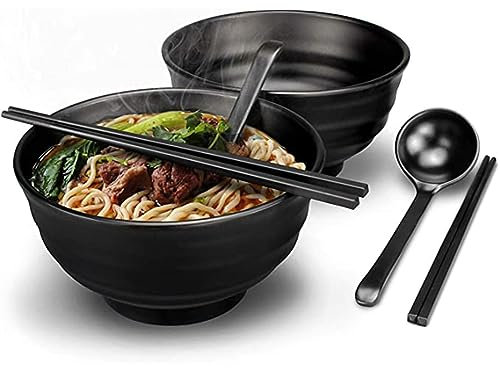 LQDMAER 2 Sets (6 Piece) Plastic Japanese Ramen Soup Bowl,1300ml/35 Oz Large Noodle Bowl Set for Soup,Salad,Rice & Pasta Dishes with Matching Spoons & Chopsticks,Dishwasher Safe