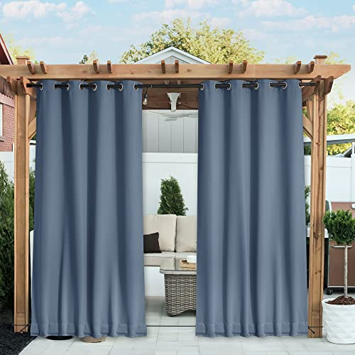NICETOWN 2 Panels Outdoor Curtains for Patio Waterproof 108 inches Long, Windproof Thermal Insulated Top & Bottom Grommet & Back Tab Blackout Drapes with Rope for Fixed, Stone Blue, W52 x L108