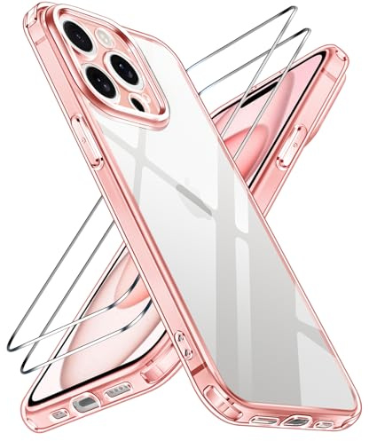 ivoler Clear Case Compatible with iPhone 15 Pro Max 6.7 [Long Lasting Clarity] [Military Grade Drop Protection], 1 Phone Case + 2 Tempered Glass Screen Protector, Shockproof Slim Cover - Pink