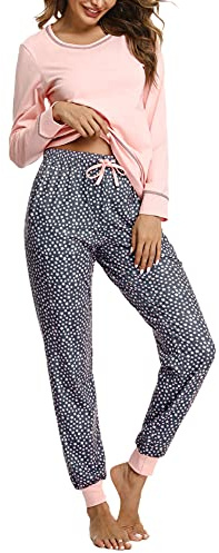 Litherday Pijama de Invierno para Mujer - Conjunto de Algodón Manga Larga, Ropa de Dormir, Pantalones Largos Con Bolsillos y Cordón, Rosa, XXL