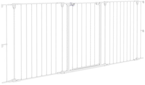 PawHut Barrera para Perros de Acero 206x90 cm Valla para Mascotas Plegable de 3 Paneles con Doble Cerradura y Función de Bloqueo Auxiliar para Puerta Pasillo Escalera Blanco